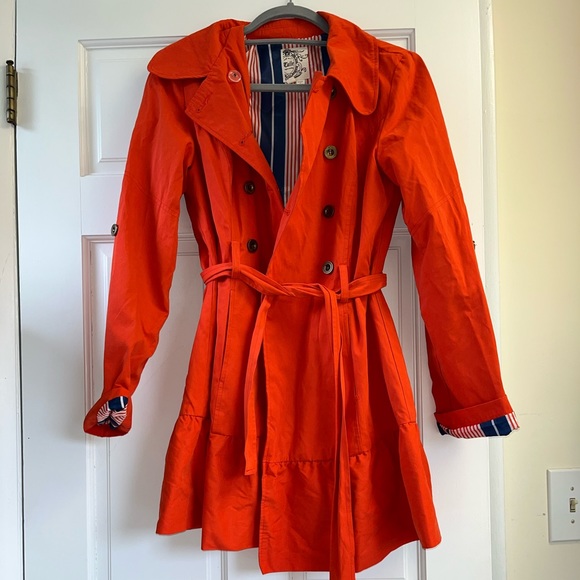 Tulle Orange Red Ruffle Trench Coat with Belt Size Medium - Picture 1 of 6
